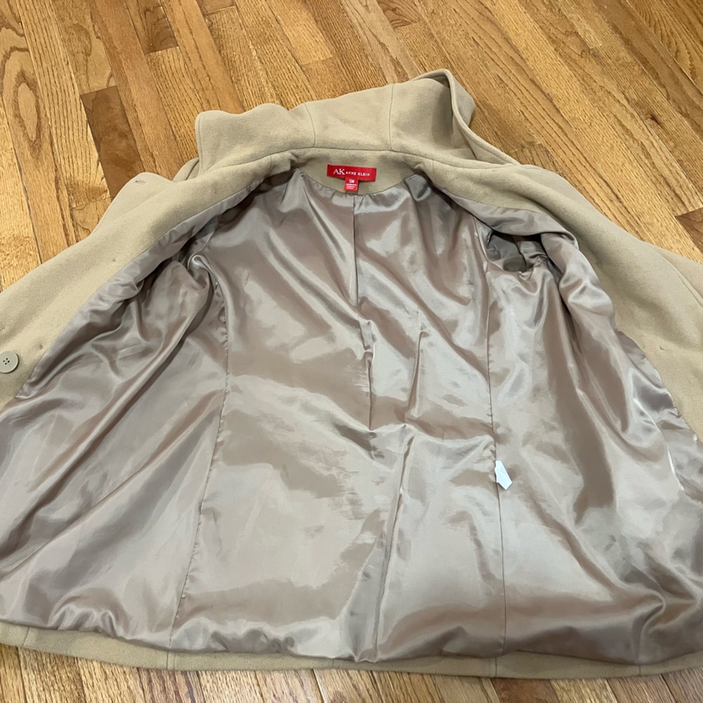 Anne Klein Wool Blend Double-Breasted Hooded Coat | Size Small | Camel Tan - Picture 9 of 9